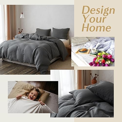 Miniatura 5 de Simple&Opulence Juego de funda de edredón 100% lino, 3 piezas de lino belga transpirable, 1 funda de edredón + 2 fundas de almohada con cierre de