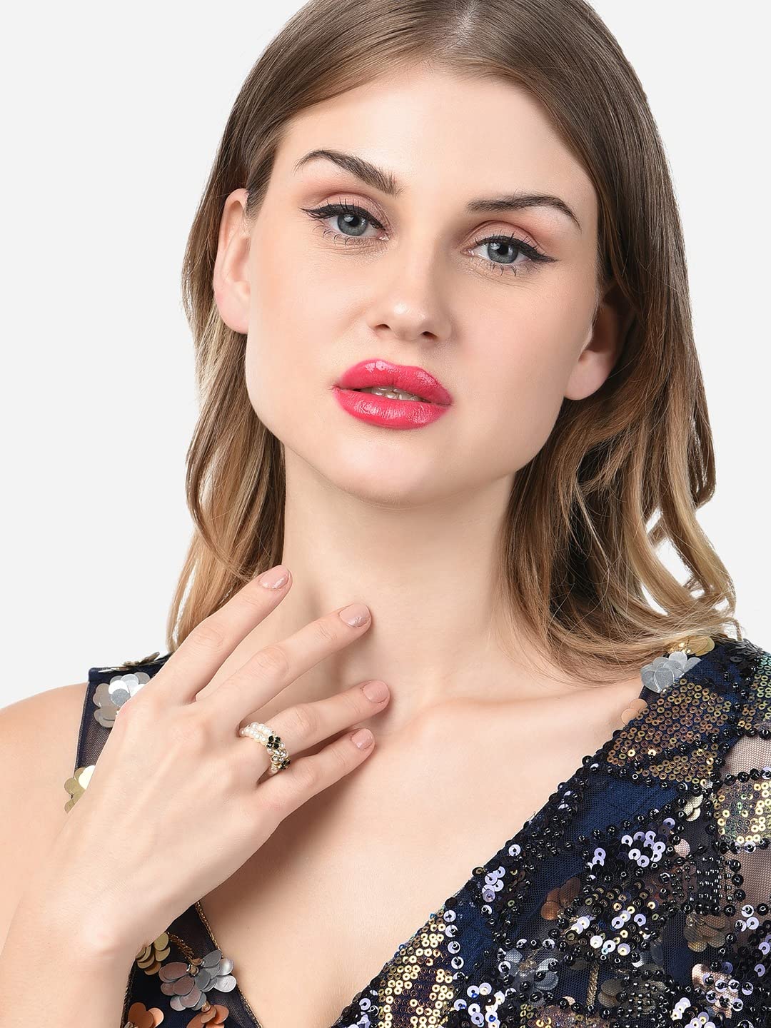 Beaded Elasticated Fusion Ring with Diamonds