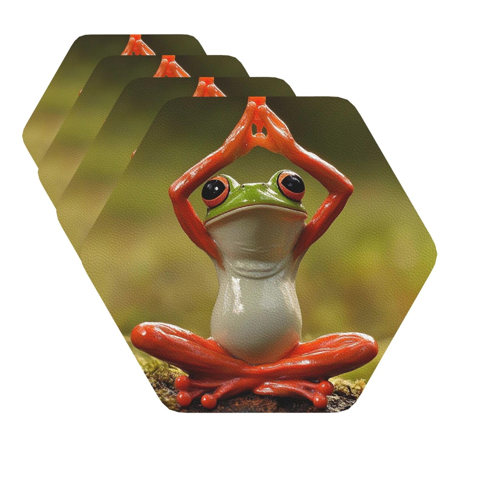 Drink Coasters Set of 4 Quick-Dry Leather Coaster The funny frog doing yoga Coasters for Drinks Coffee Cup Mat Tabletop Protection Heat Resistant Coaster for Kitchen Bar Office Home Decor