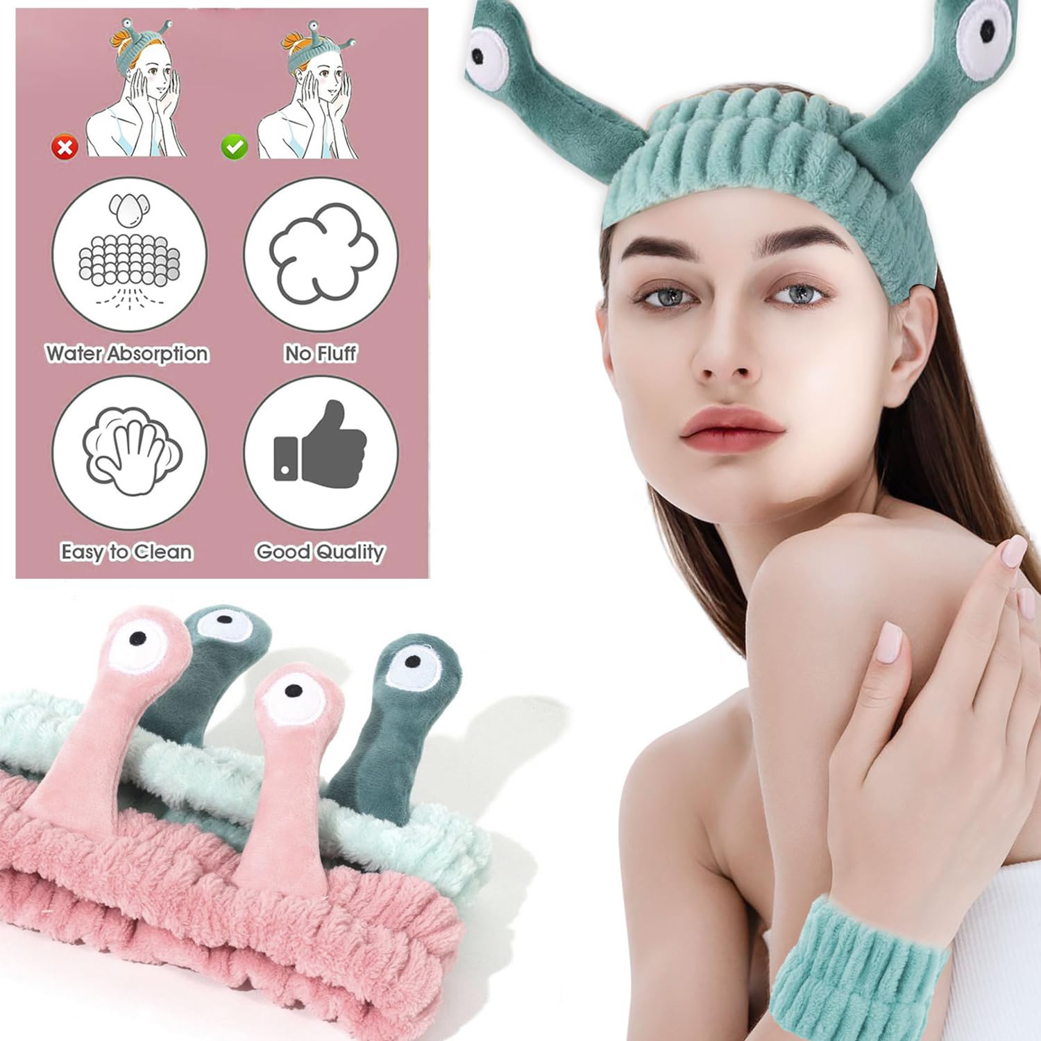 Bohue 2Pcs Spa Headband Face Wash Wristband Set Cute Cartoon Snail Headband Soft Elastic Coral Fleece Hair Band for Face Washing Skincare Yoga Sports Makeup Bath - Image 3