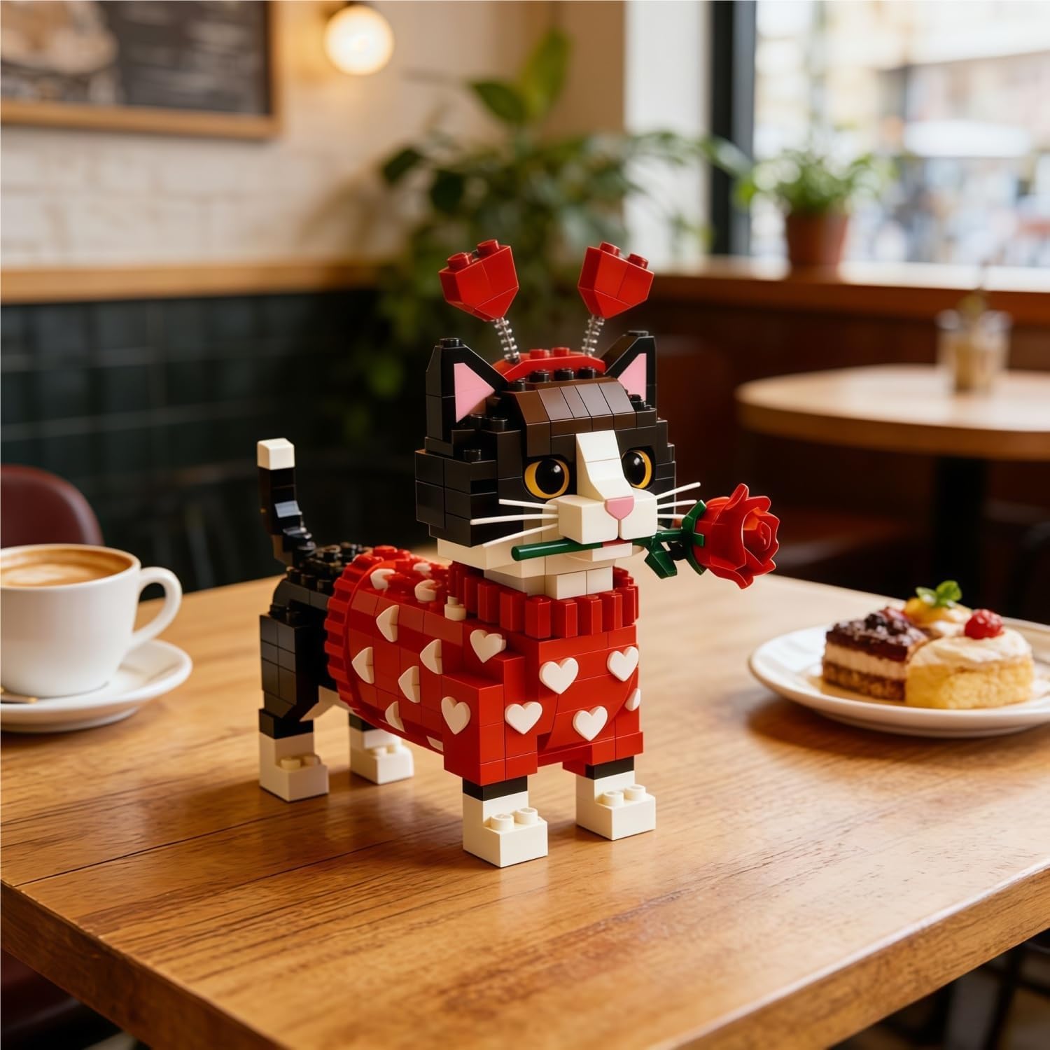 Valentine's Day Building Block Set, Cute Tuxedo Cat 3D Puzzle Toy with Heart Sweater, Sunglasses & Rose, Romantic DIY Creative Gift for Couples & Cat Lovers, Home Office Desktop Decor