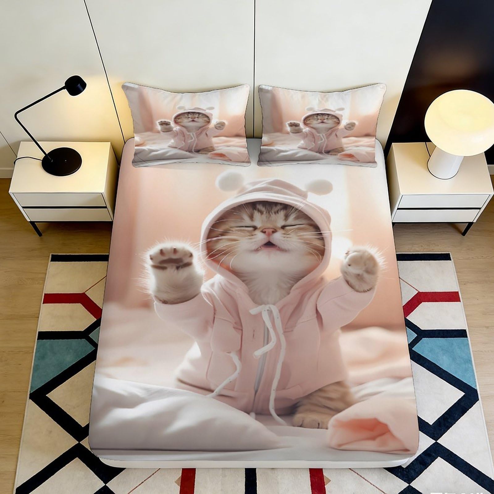 3D Printed Cute Cat Fitted Sheet Microfiber Deep Pocket Non-Slip Bedding, Bedroom Mattress Fitted Cover Cat Theme Washable for Adults Teens Home 180x200x25cm