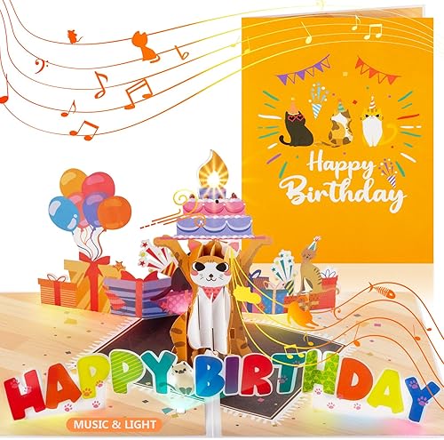 Divertida tarjeta de cumpleaños 4D con música de maullido de gato y luz LED soplable, regalo de cumpleaños para marido, esposa, amigo, niños y todos
