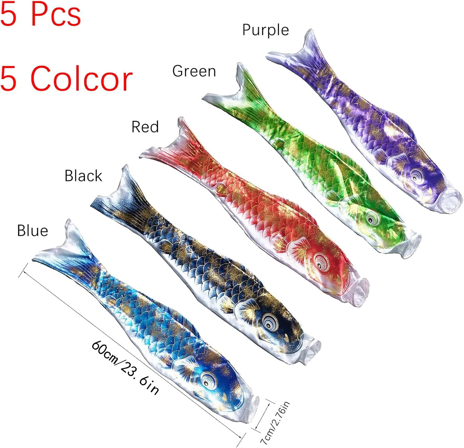 5 Stück Japanischer Karpfen Windsack Bunte Bronzing Streamer Fischflagge Drachen Koinobori Hängendes Dekor für Japanische Sushi Bar Izakaya (60cm, 23,6 Zoll)