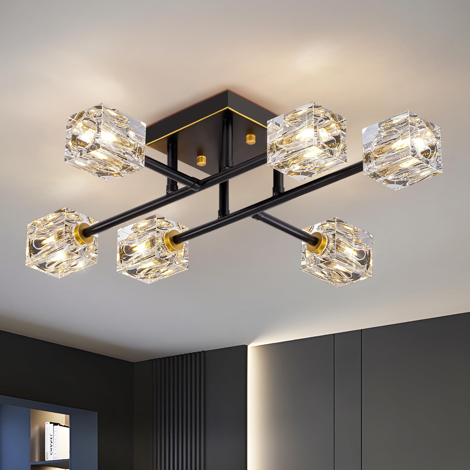 6-Light Modern Sputnik Ceiling Light Fixture，Crystal Semi Flush Mount Ceiling Light with K9 shade,Farmhouse Black and Gold Chandeliers for Dining Room,Bedroom,Living Room,Kitchen Island,Entryway
