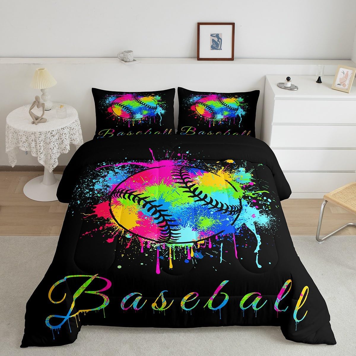 Feelyou Kids Baseball Comforter Set Queen Size Sports Game Bedding Set for Boys Girls Teens Bedroom Decor Baseball Gaming Comforter Women Men Tie Dye Duvet Set with 2 Pillow Case Multi 14 Qu