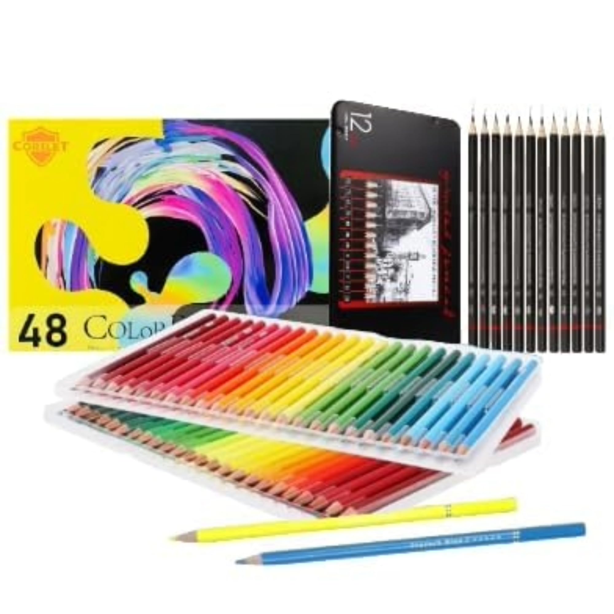 Corslet Set mit 60 Buntstiften mit zwei verschiedenen Packungen mit 48 Stück Ölbasierten Buntstiften und 12 Buntstiften für Kinder, Künstler, professionelle Buntstifte zum Zeichnen und Skizzieren