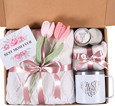 Mothers Day Gifts for Mom from Daughter Son Child, Mother Day Gift Basket for Stepmom, Mother-in-Law, Best Mom Ever Gift Box Set with Blanket Coffee Mug Socks Crochet Tulips Flower