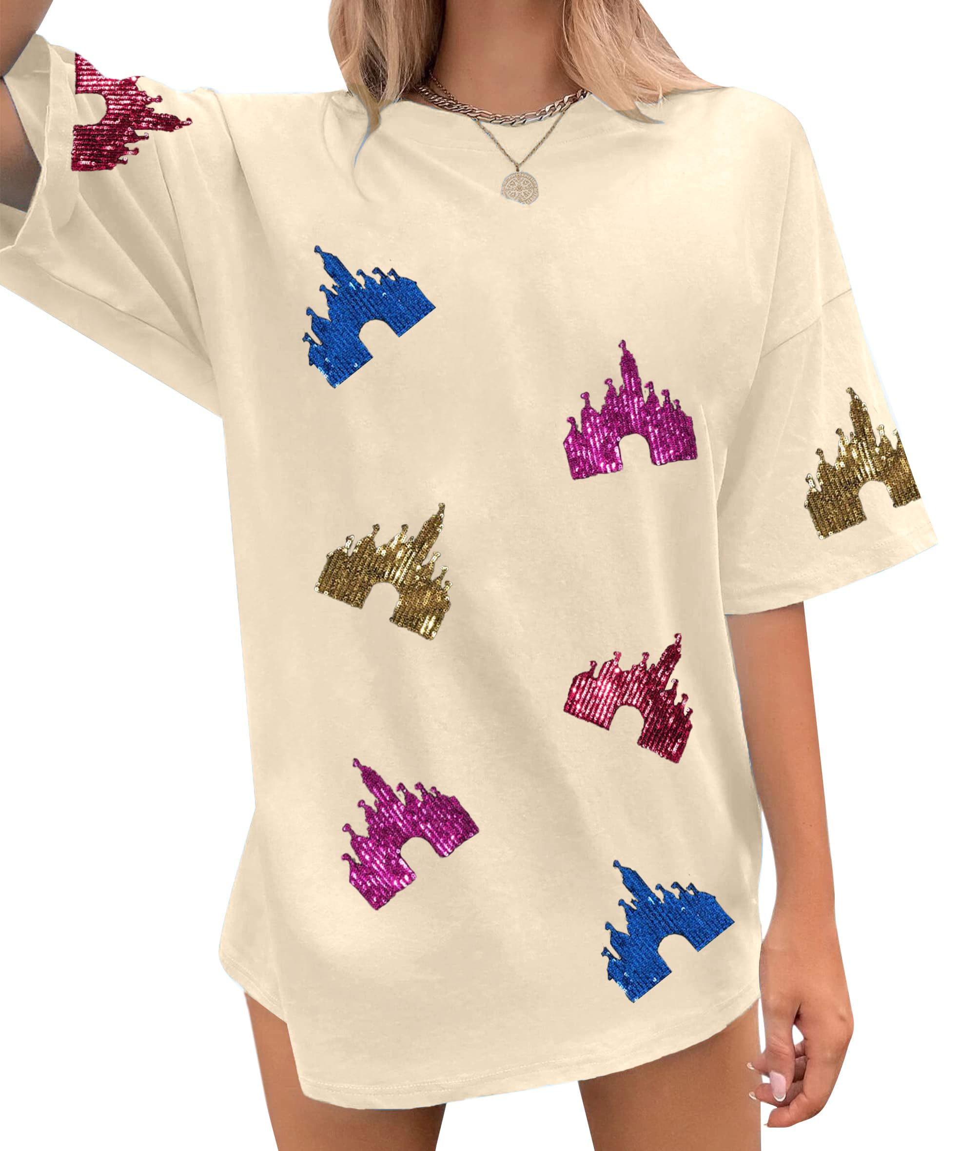 Magic Kingdom Shirt for Women Oversized Sequin Princess Castle T Shirts Casual Family Vacation Tee Tops