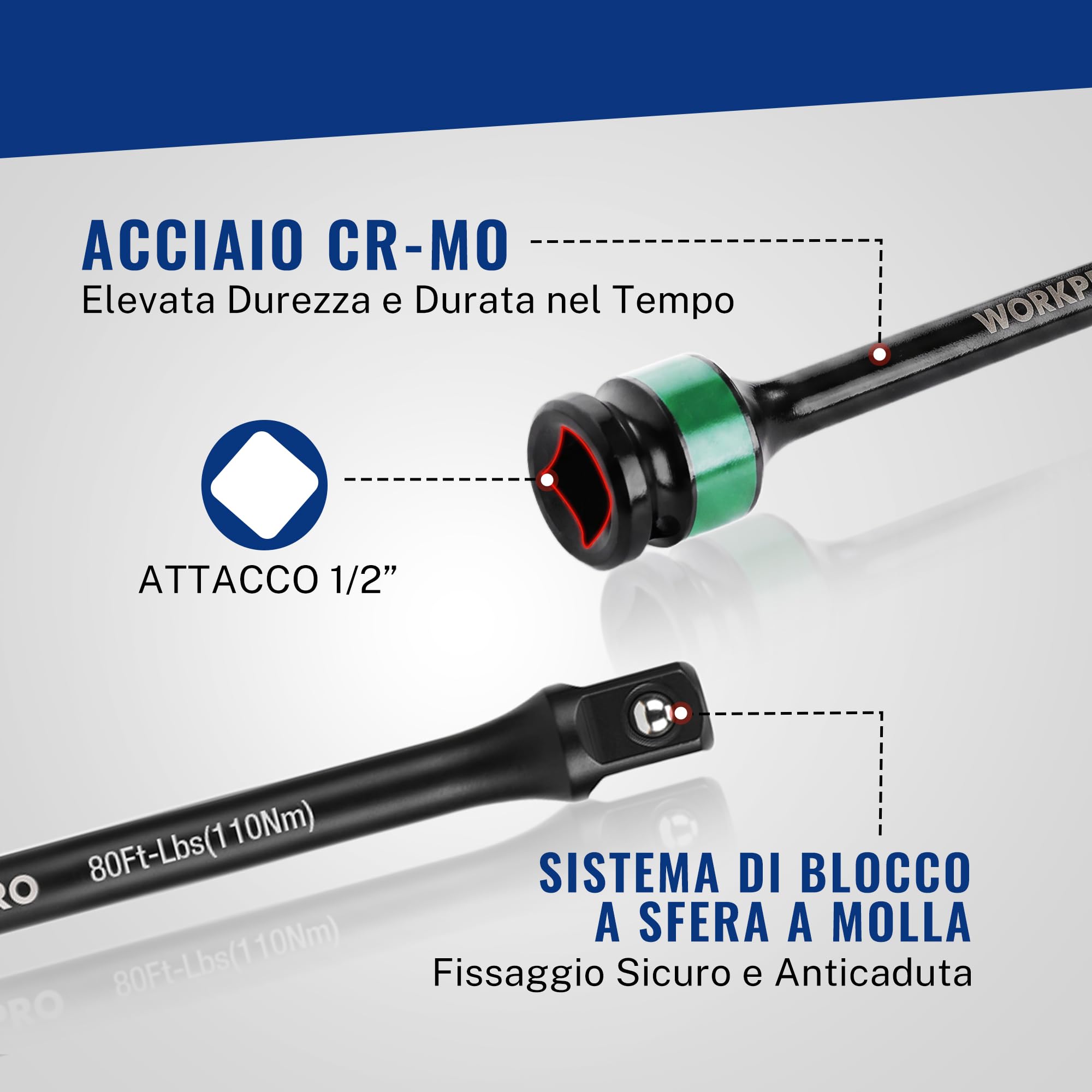 WORKPRO Set 5 Prolunghe per Chiave a Impulso 1/2" con Limitatore di Coppia