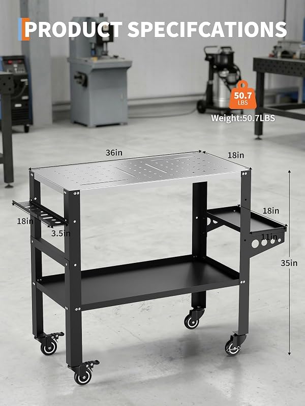 36 x 18 Inch Welding Table, 1200 lbs Capacity Welding Workbench Table with Lockable Wheels,Tool Rack & Tray, Tool Slots and 5/8" Fixture Holes for Garage, Black by Garvee - Image 7