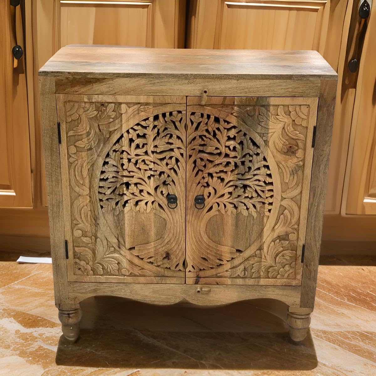 Solid Wooden Carving Tree Design Chests of Drawers with Two Doors Or Storage Shelf Unit for Living Room Or Bed Room | L 90cm x W 40cm x H 90 CM-image-13