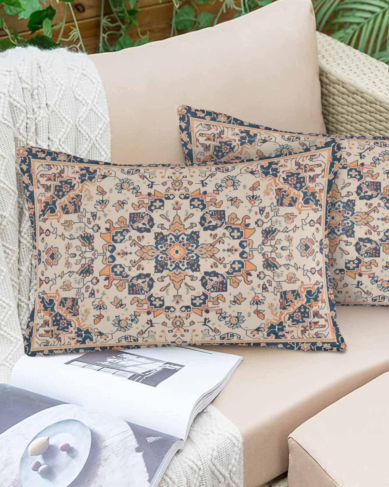 Lumbar Pillow Covers 12 x 20 in, Boho Blue Orange Waterproof Throw Pillow Cover Set of 2, Southwestern Ethnic Mexican Flowers Rustic Home Decorative Rectangle Cushion Covers for Patio/Couch/Garden