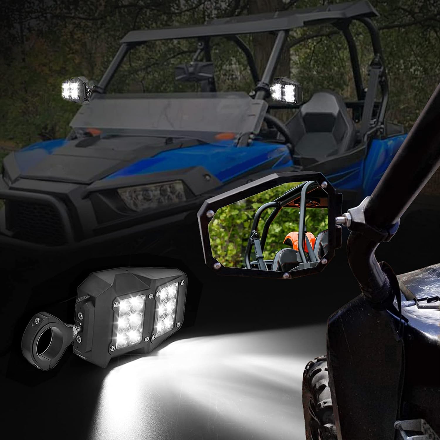 WeiSen Break Away Side Rear View Mirror with LED Light Fits 1.75" - 2" Round Tube Roll Bar Compatible with Polaris RZR Ranger Maverick X3 Talon Mule Teryx UTV ATV