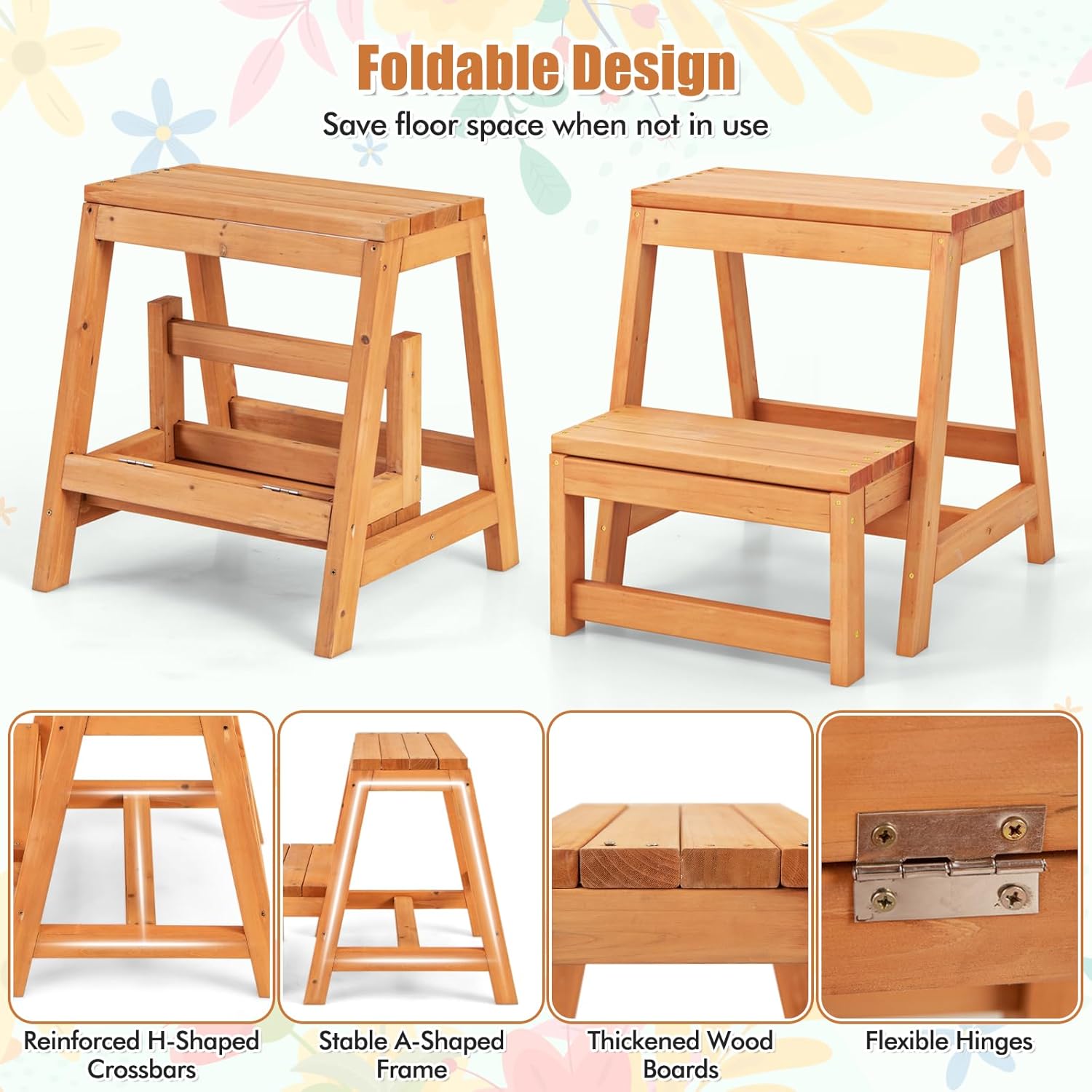 S AFSTAR Folding Plant Stand, 2-Tier Wooden Step Ladder Flowerpot Shelf, Multipurpose 2-Step Ladder Wood Stool Plant Rack, Indoor Outdoor Plant Display Shelf for Garden Balcony Living Room Home
