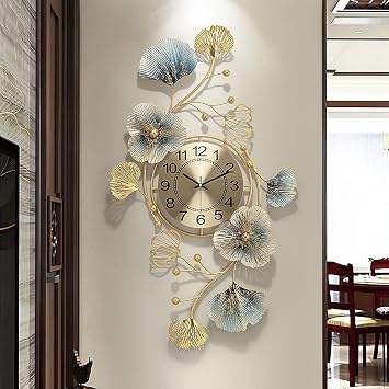 Large Wall Clock 37 Inch Creative Metal Ginkgo Leaf Design Wall Clock Silent Non Ticking Decoration Wall Clocks for Living Room Bedroom Home Color 20x37in