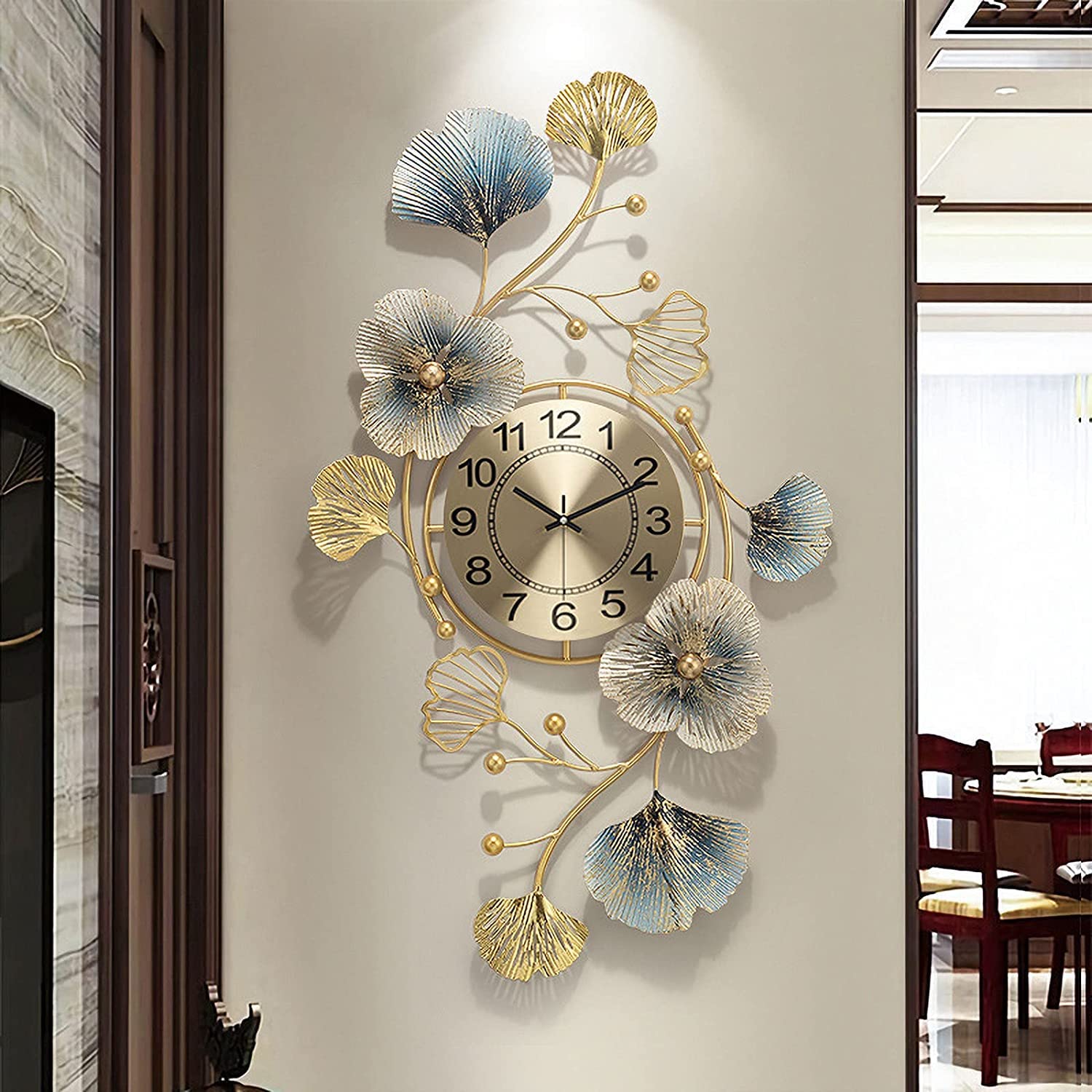 HAYTAP Large Wall Clock 37 Inch Creative Metal Ginkgo Leaf Design Wall Clock Silent Non Ticking Decoration Wall Clocks for Living Room Bedroom Home (