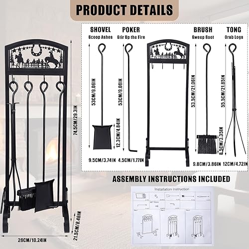Miniatura 3 de WILLBOND Juego de 5 herramientas para chimenea de vaquero con asa, incluye cepillo de póquer chapado en estante, pinzas de pala para chimenea,