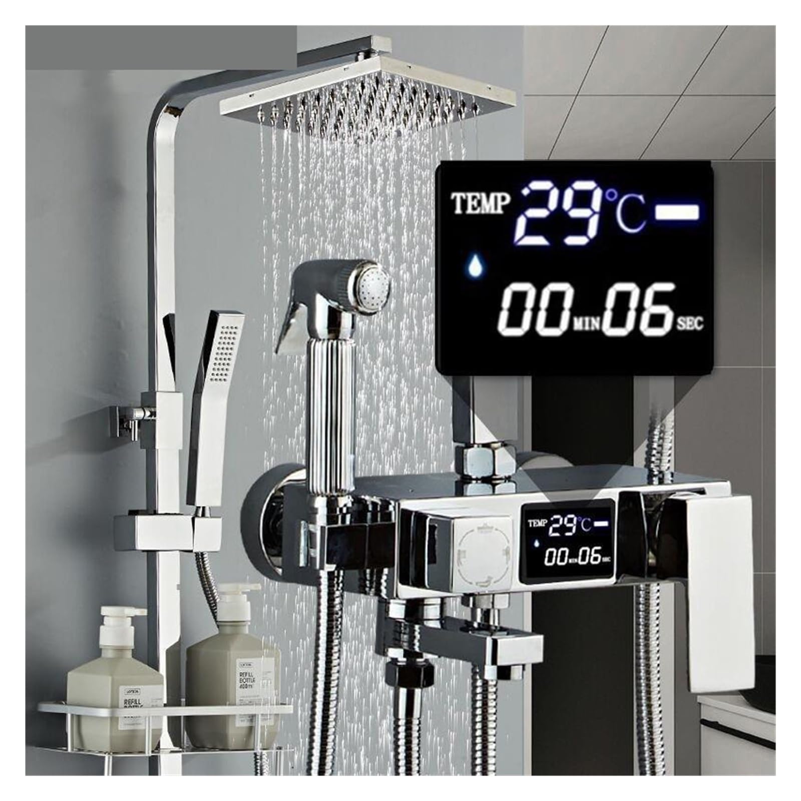 Ducha Digital, Conjunto de ducha digital LED Grifos baño cromados mezclador termostático SPA Lluvia Grifo frío y caliente Montaje en pared(Hot and Cold-06)