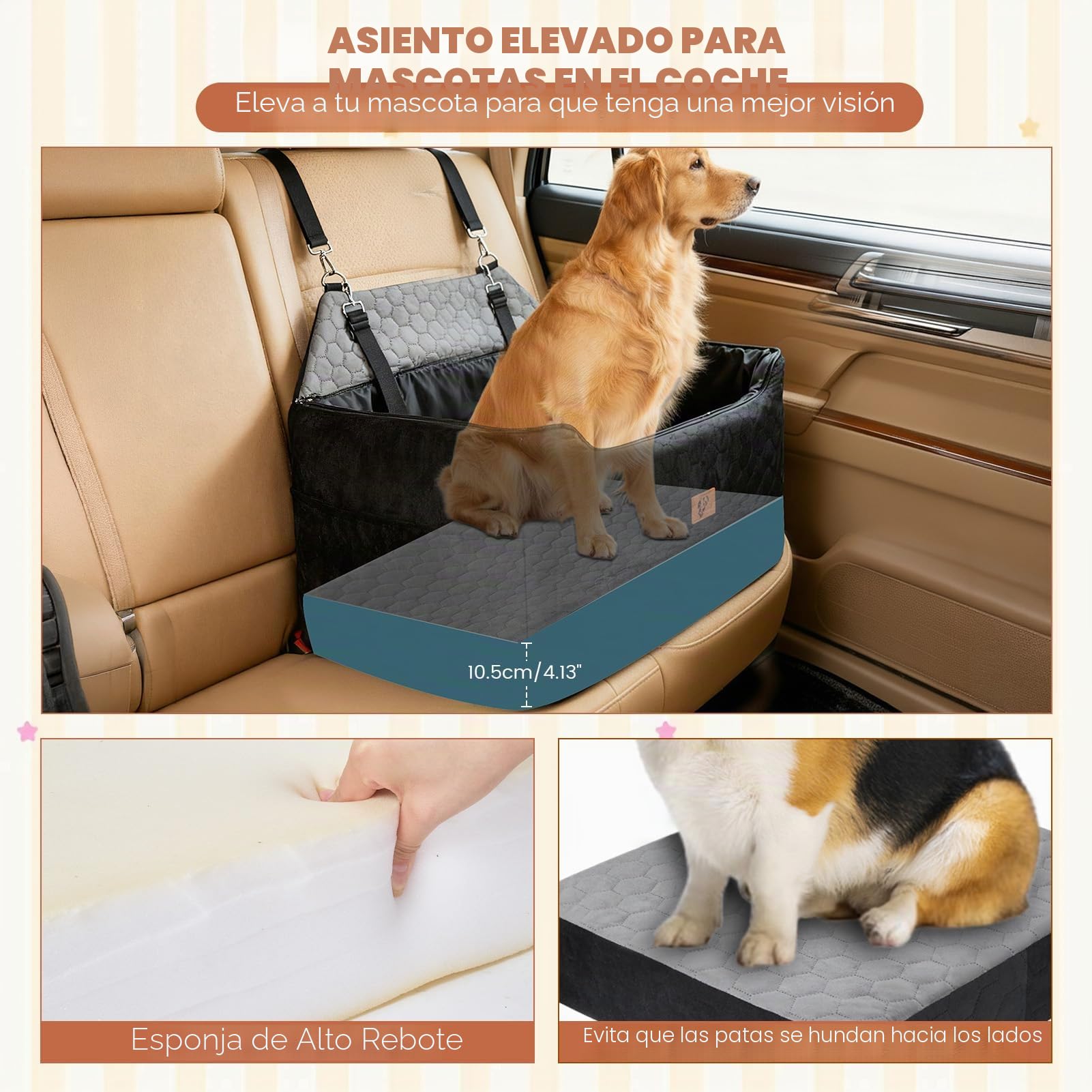 Asiento Perro Coche, Extra Estable Cama Perro Coche con Espuma Viscoelástica, Funda Lavable y Cinturón de Seguridad, Asiento Coche Perros Medianos y Grandes de hasta 55 kg, 78x55x53 cm
