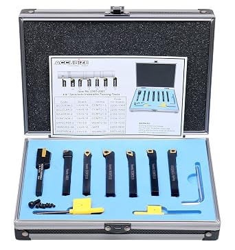Accusize 1/4 in Shank 7 Pc Indexable Carbide Turning Tool Set | C6 TiN Coated Inserts, 7 Holders, Screws, Keys, Aluminum Case, 3 in OAL, Black Oxide Finish, 2387-2001