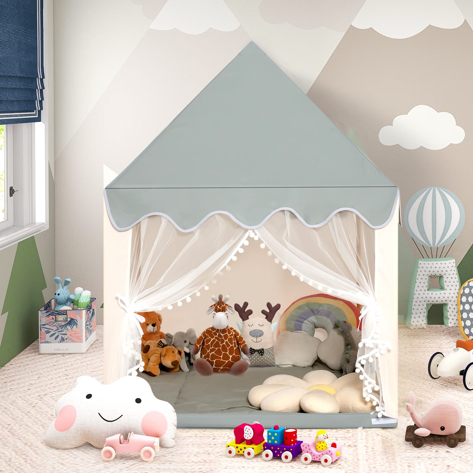 COSTWAY Kinderzelt Indoor, Kinderspielhaus für Jungen Mädchen Prinzess Prinzessin, Kinderspielzelt mit Massivholzrahmen & Baumwolldecke, Kinder Spielhaus für Drinnen, 120x105x140cm (Beige+Grau)