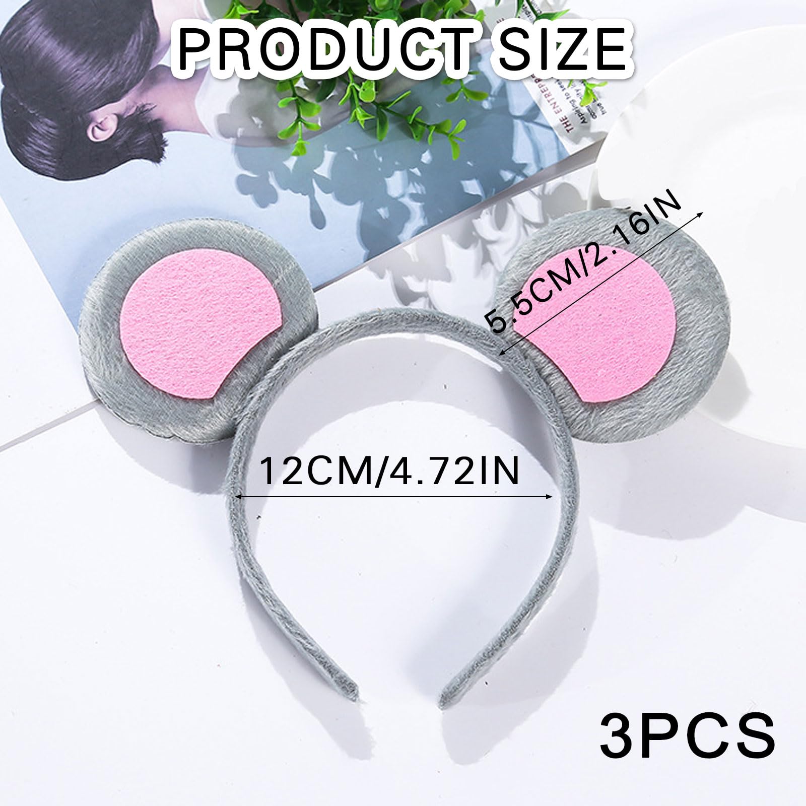 EUPSIIU 3 Pièces Oreilles de Souris de Bande Dessinée sur Bandeau, Animal Oreilles de Souris Bandeaux de Cheveux Pour Enfants Adultes Déguisement Animal Accessoire Fête Halloween Carnaval