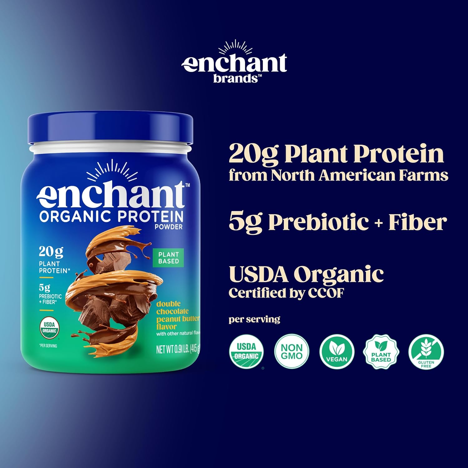 Enchant Organic Protein Powder, Chocolate Peanut Butter flavor – 20g Plant Protein sourced from North American Farms, 5g Prebiotic + fiber, USDA Organic, Non-GMO, Plant-based, Non-Dairy, Vegan, 0.91 lb - Image 3