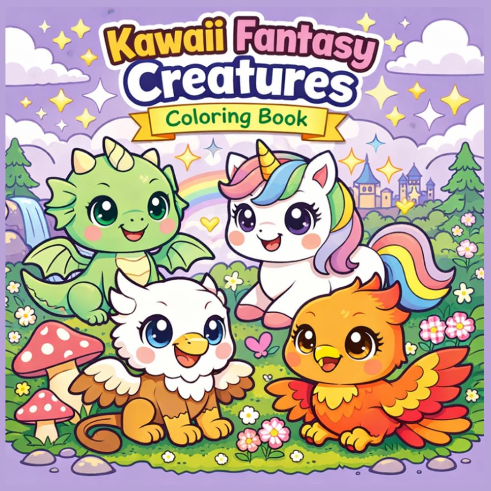 Kawaii Fantasy Creatures Coloring Book: 50 Adorable Fantasy Animals & Magical Creatures in Cute Kawaii Style | Relaxing Coloring Pages for Kids, Teens & Adults