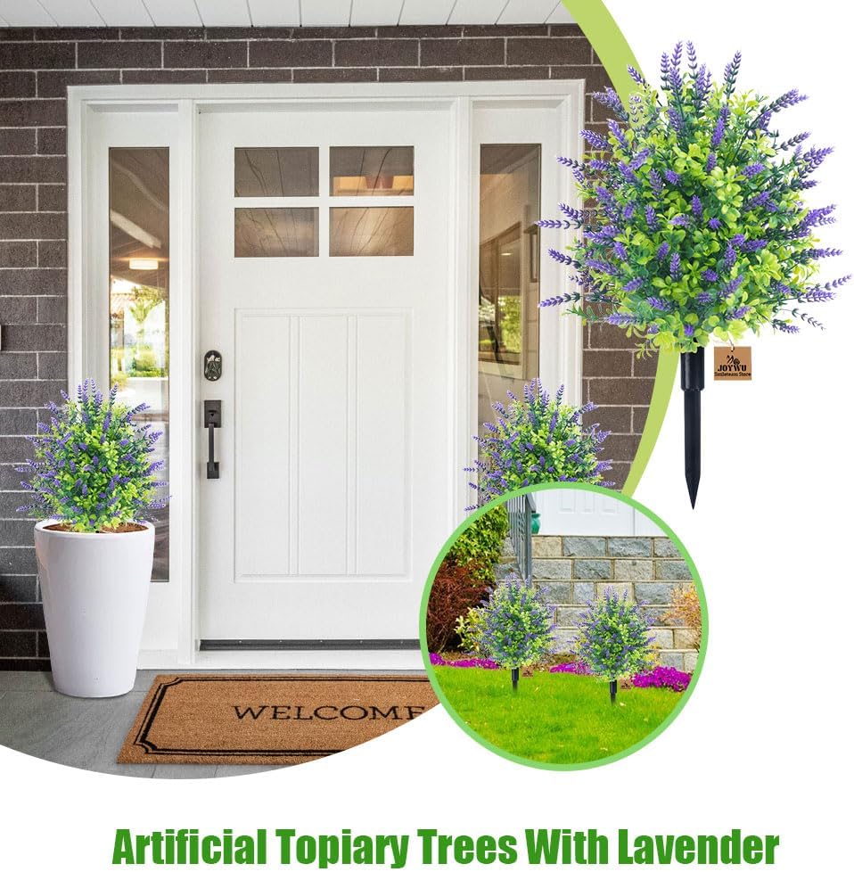 UV Resistant Artificial Lavender Topiary Trees for Outdoors, 22" Artificial Boxwood Topiary Ball Trees with Ground Spike, Fake Shrubs Bushes Faux Plants for Front Porch Garden Home Decor (1)