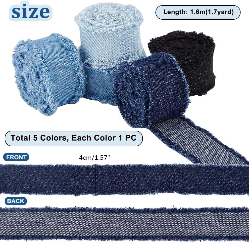 PH PandaHall 8.5 Yds x 1-5/8 inch 5 Colors Denim Ribbon, Rustic Frayed Fringes Fabric Ribbon for Wedding Invitations Gift Wrapping Bridal Bouquets DIY Crafts, 5 Rolls