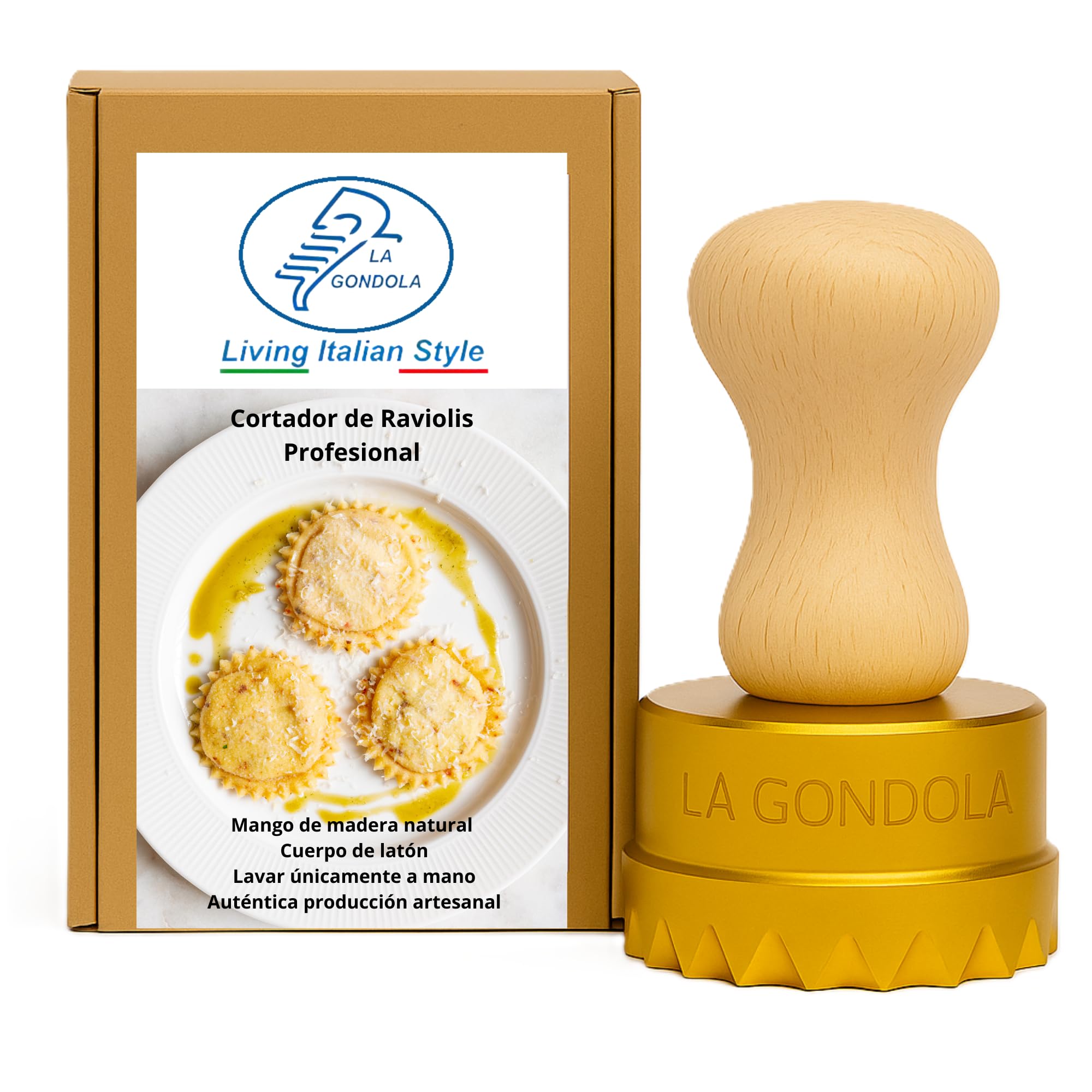 La Gondola Cortador de Raviolis Caseros - Redondo Festoneado 65 mm | Cortapastas de Latón y Madera Natural | Cortador de Pasta Robusto y Fácil de Usar | Utensilios para Pasta Fresca Hechos en Italia