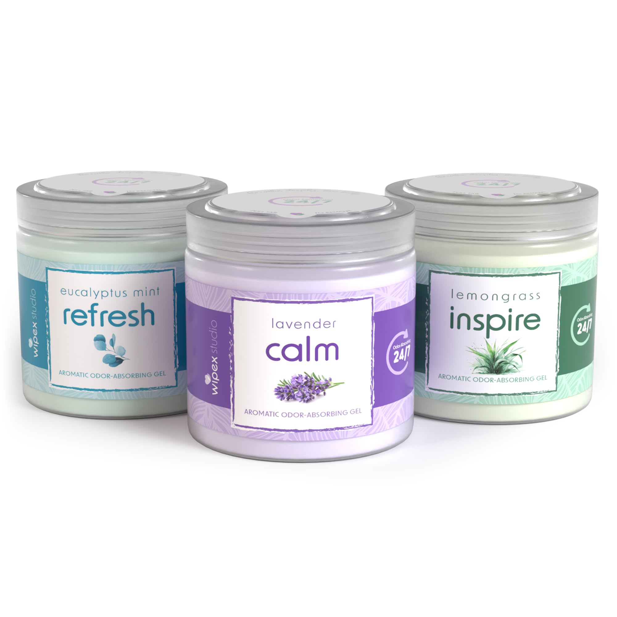 Wipex Odor Eliminator Gel Jar Variety Pack, 3pk - Odor Eliminator for Home, Odor Absorber with Inspire Lemongrass, Refresh Eucalyptus and Mint, Calm