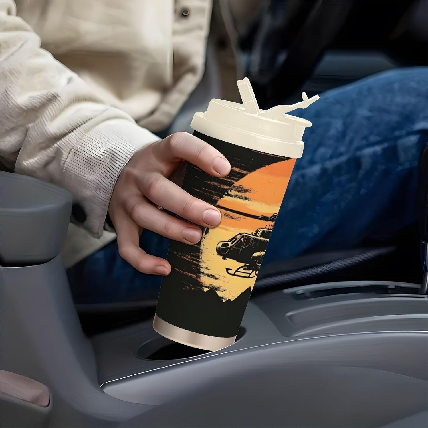 Helicopter Silhouette Insulated Coffee Mug with Straw & Flip Lid, 16.9oz Iced Tumbler Cup, Double Wall Vacuum Leak-Proof Mug for Travel Office