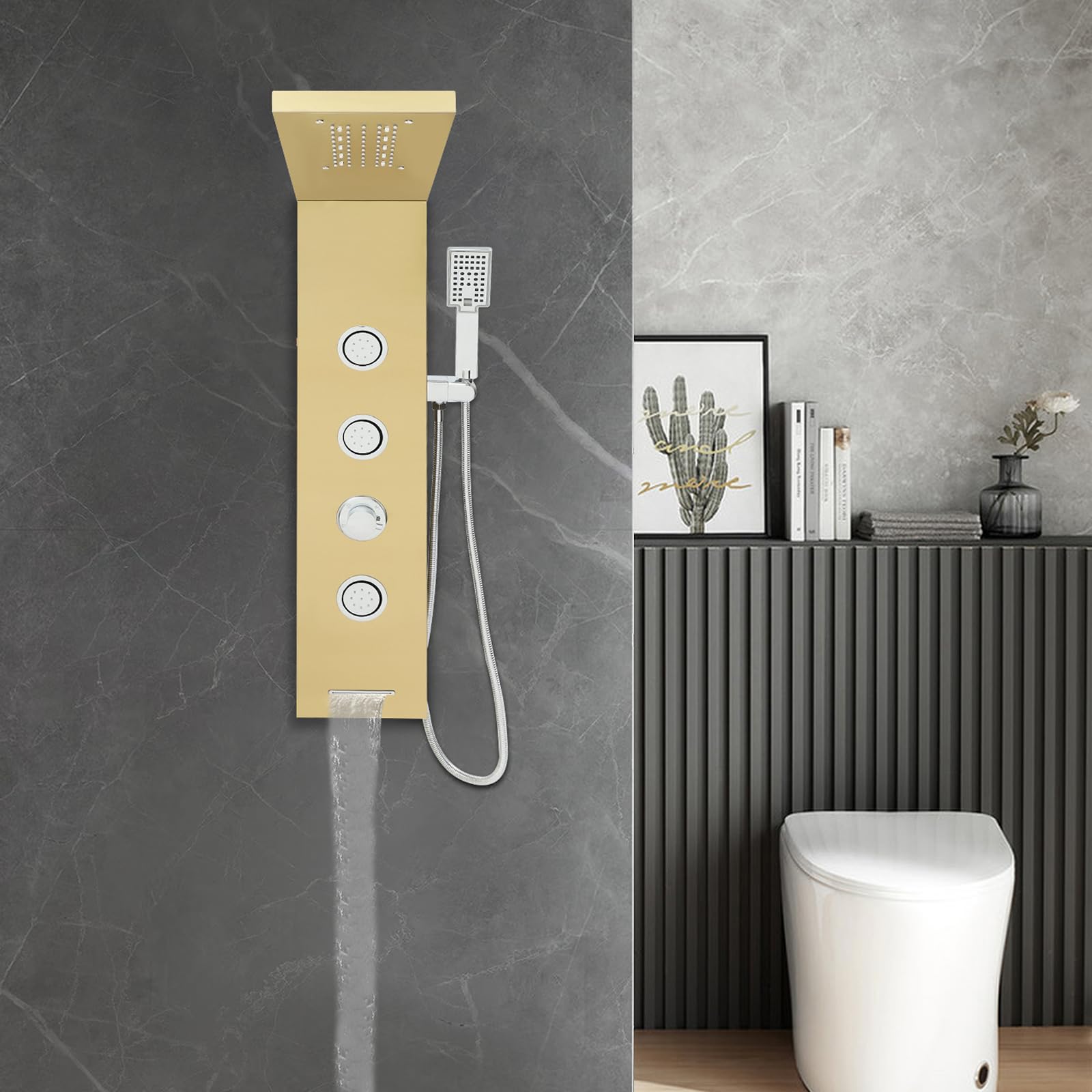 Panel de ducha, 50 x 16 x 89 cm, panel de ducha con grifo, columna de ducha para baño, iluminación LED para baños en casas, hoteles, casas de huéspedes, apartamentos (dorado)