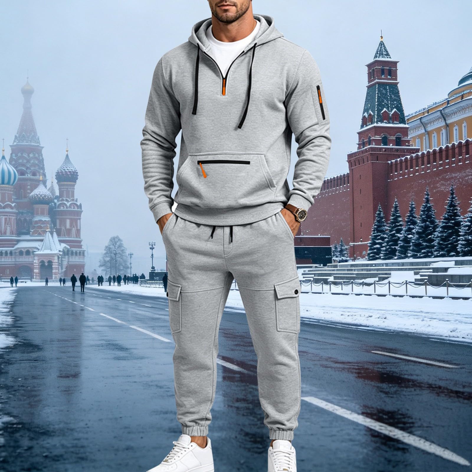 Tuta da uomo con cappuccio e pantaloni della tuta cargo con mezza zip