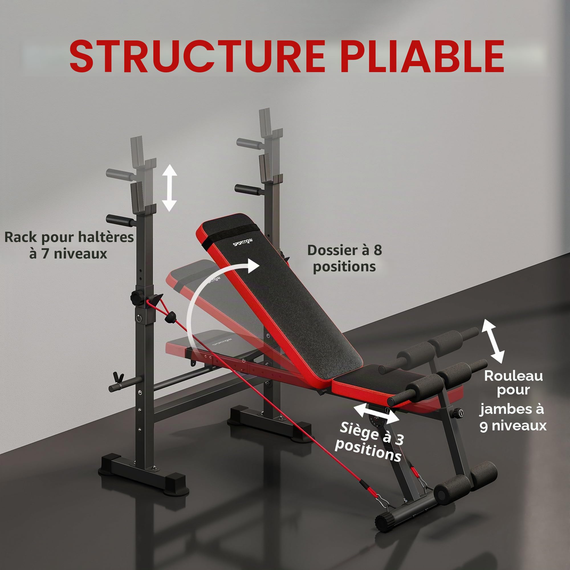 SPORTNOW Banc de Musculation Complet Multifonction avec Dossier Réglable, Repose-Jambes, Sangles d'Entraînement et Support de Poids, Banc Développer Couché à Plat ou Incliné, Entraînement Fitness