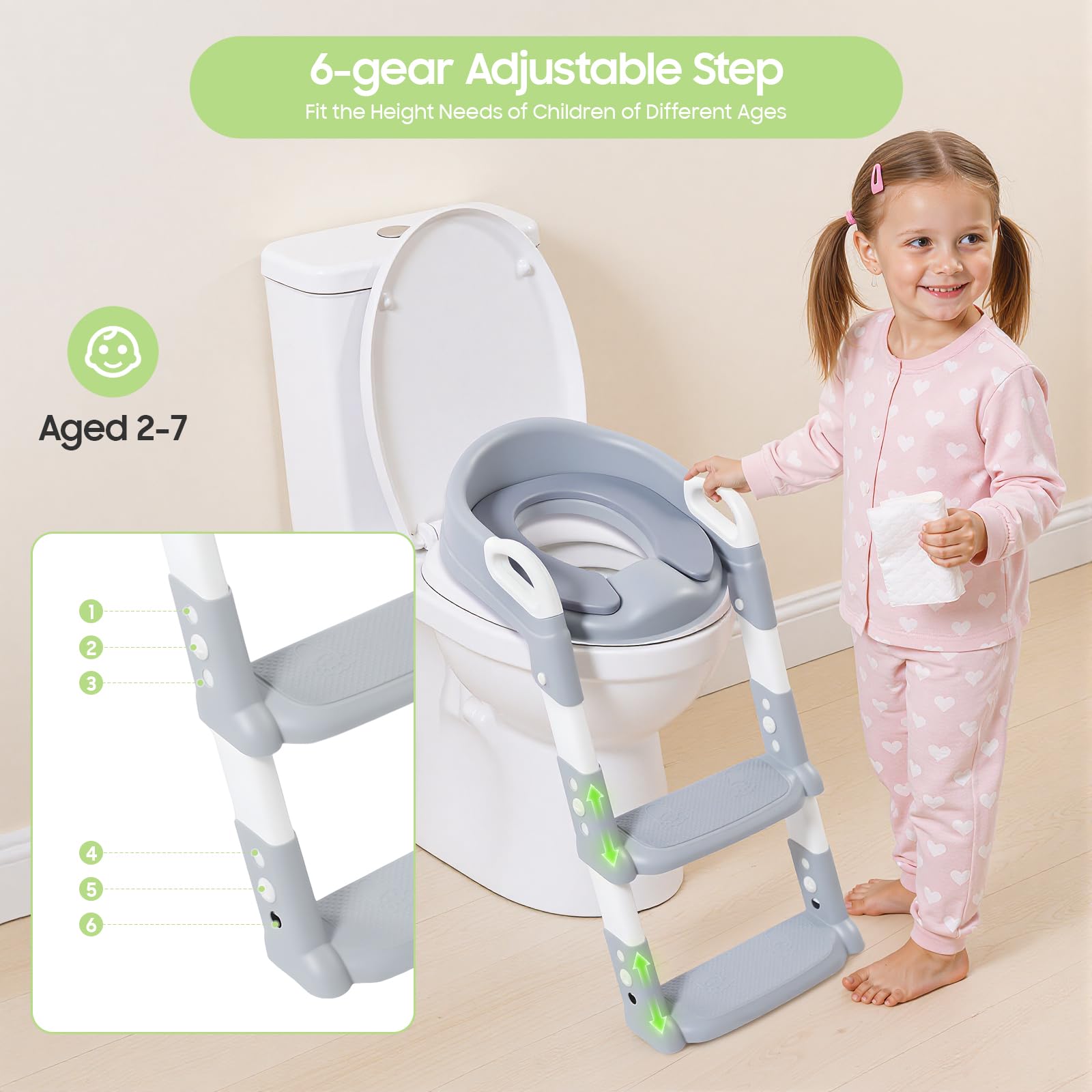 Siège de toilette pour enfant avec marche, coussin en PU détachable, réglable en hauteur 2–7 ans, siège de toilette pliable avec marche, antidérapant et sûr pour toilettes V/U/O (Gris)