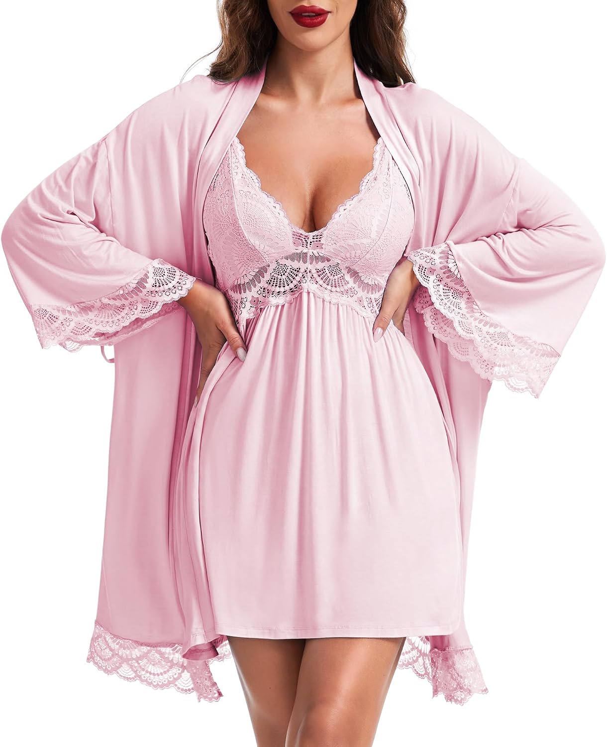 RSLOVE Women's Robes Set - 2 Piece Lace Chemise Nightgown and Robe