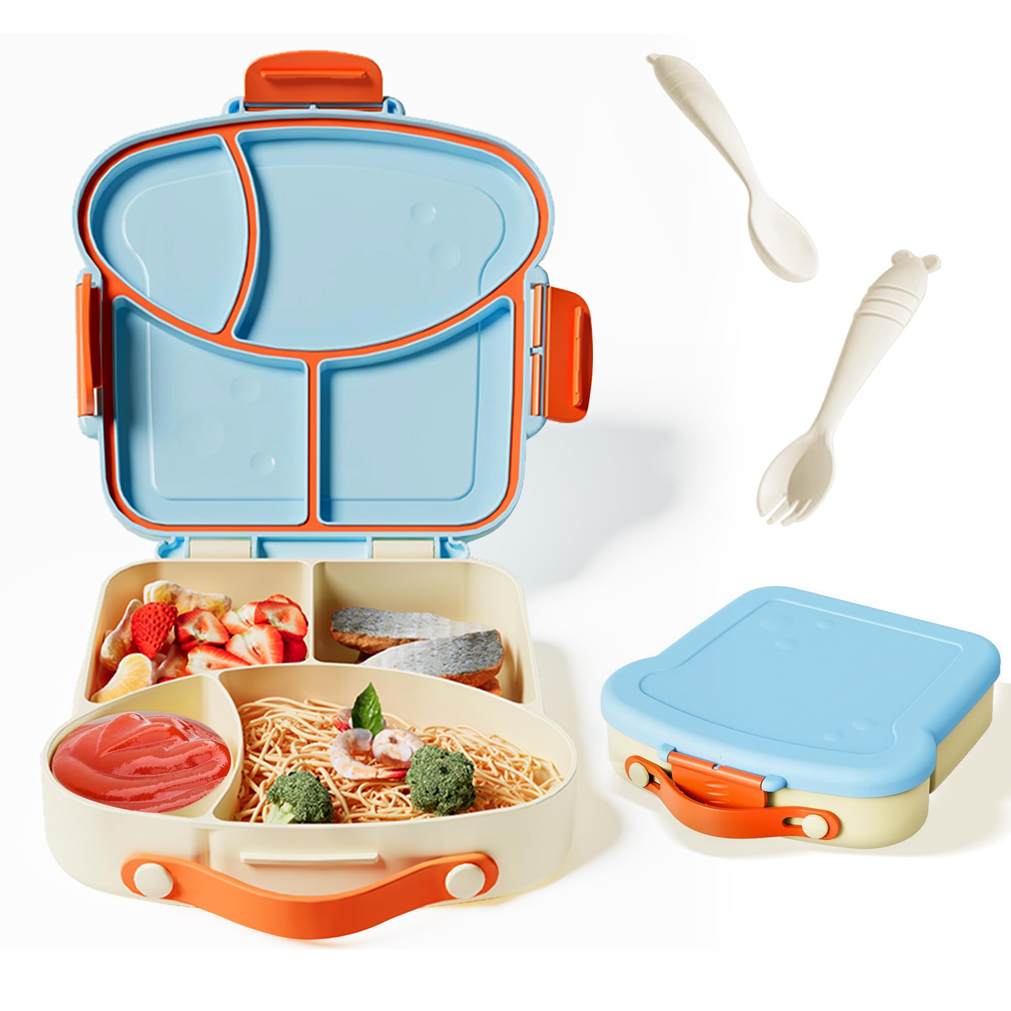 Kids Bento Lunch Box, Toast Shaped 4-Compartment 31OZ Container with Sauce Cup & Utensils (Ages 3+) Leak-Proof, Drop-Proof, Dishwasher Safe | BPA-Free Reusable Lunch Box for School, Travel | Blue