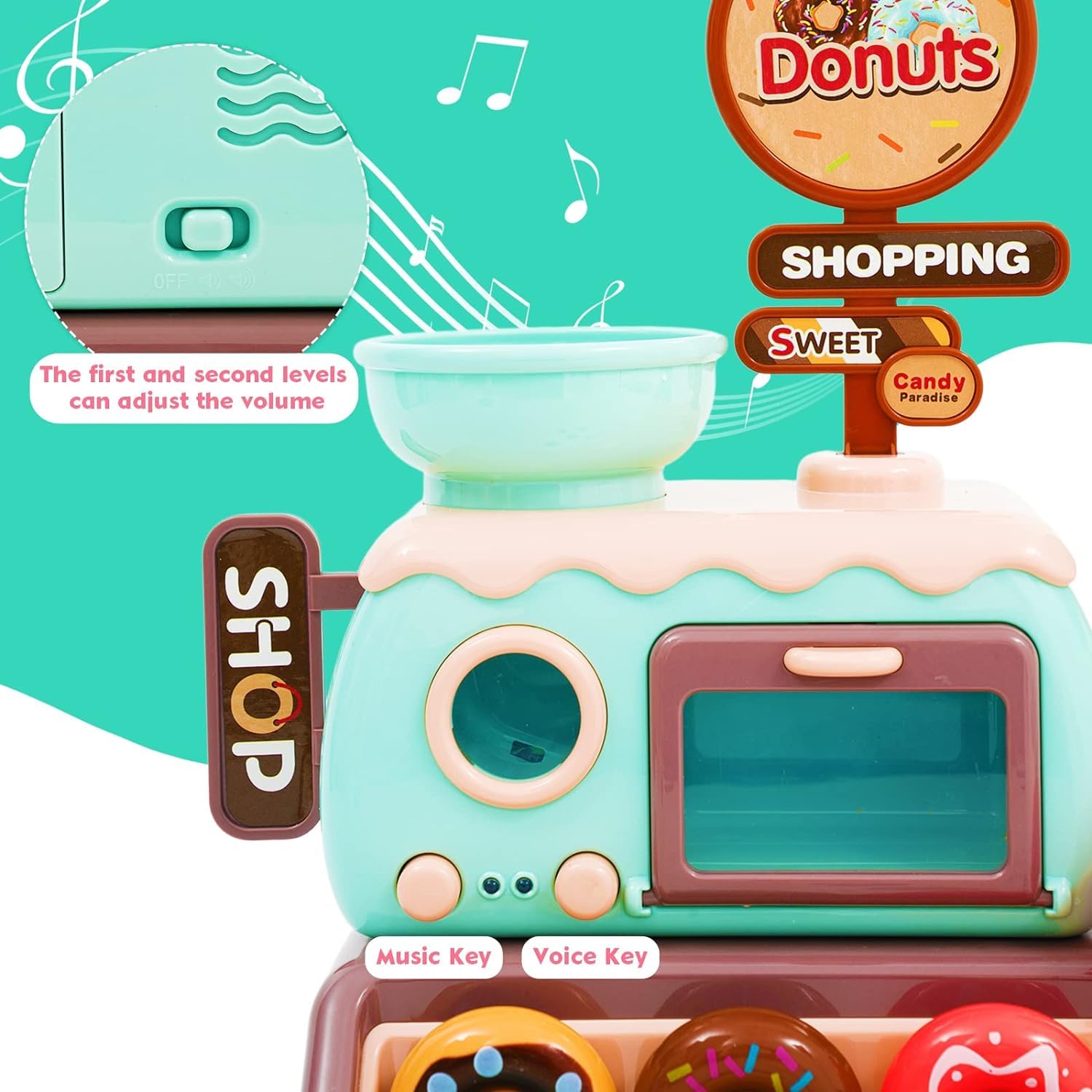 Pretend Play Shop Playset with Lights and Music, Mini Donut Shop Toy with Donut Maker Machine and Oven - Image 3