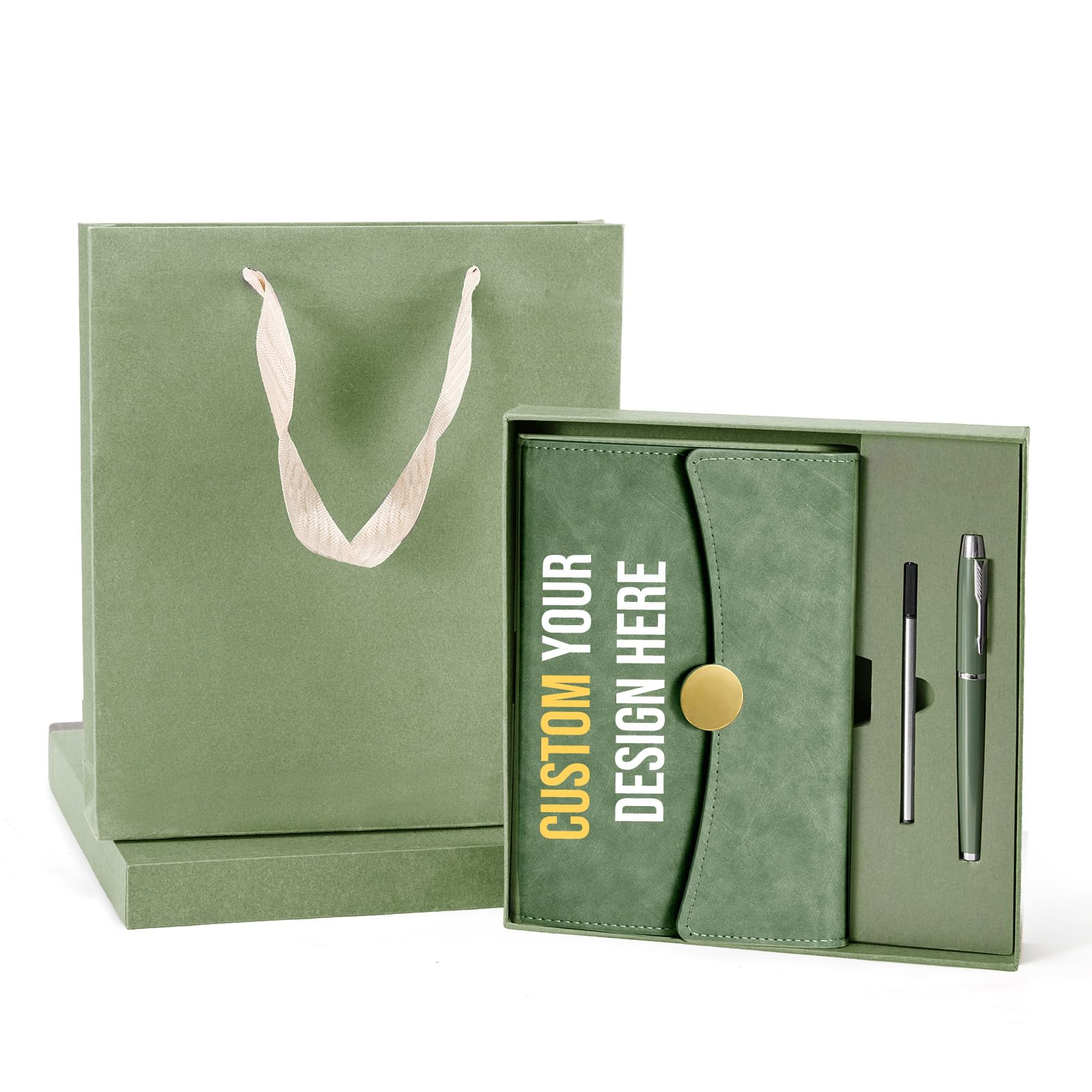 ENOMY Personalised A5 PU Leather Notebook & Pen Gift Set with Snap Closure, Custom Engraved Text/Logo, with Gift Box for Work, Daily Use & Gifting Green
