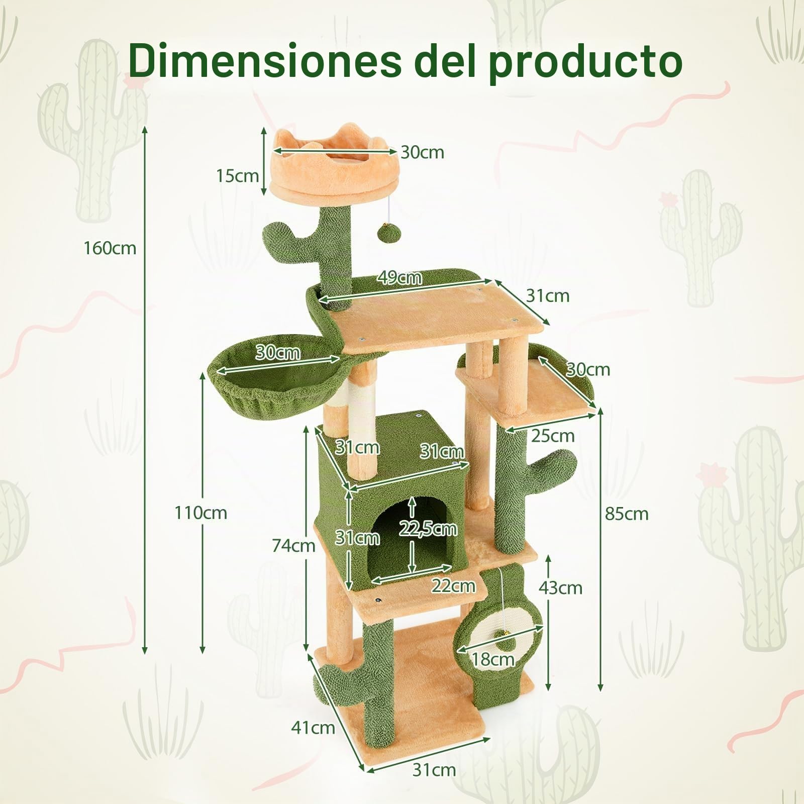 COSTWAY Rascador de Cactus, 160 cm, árbol para Gatos con Cueva para Gatos, Plataformas, Poste de sisal, Cesta, Tabla para rascar y Juguetes, Muebles para Gatos, Muebles para Gatos, árbol de Madera