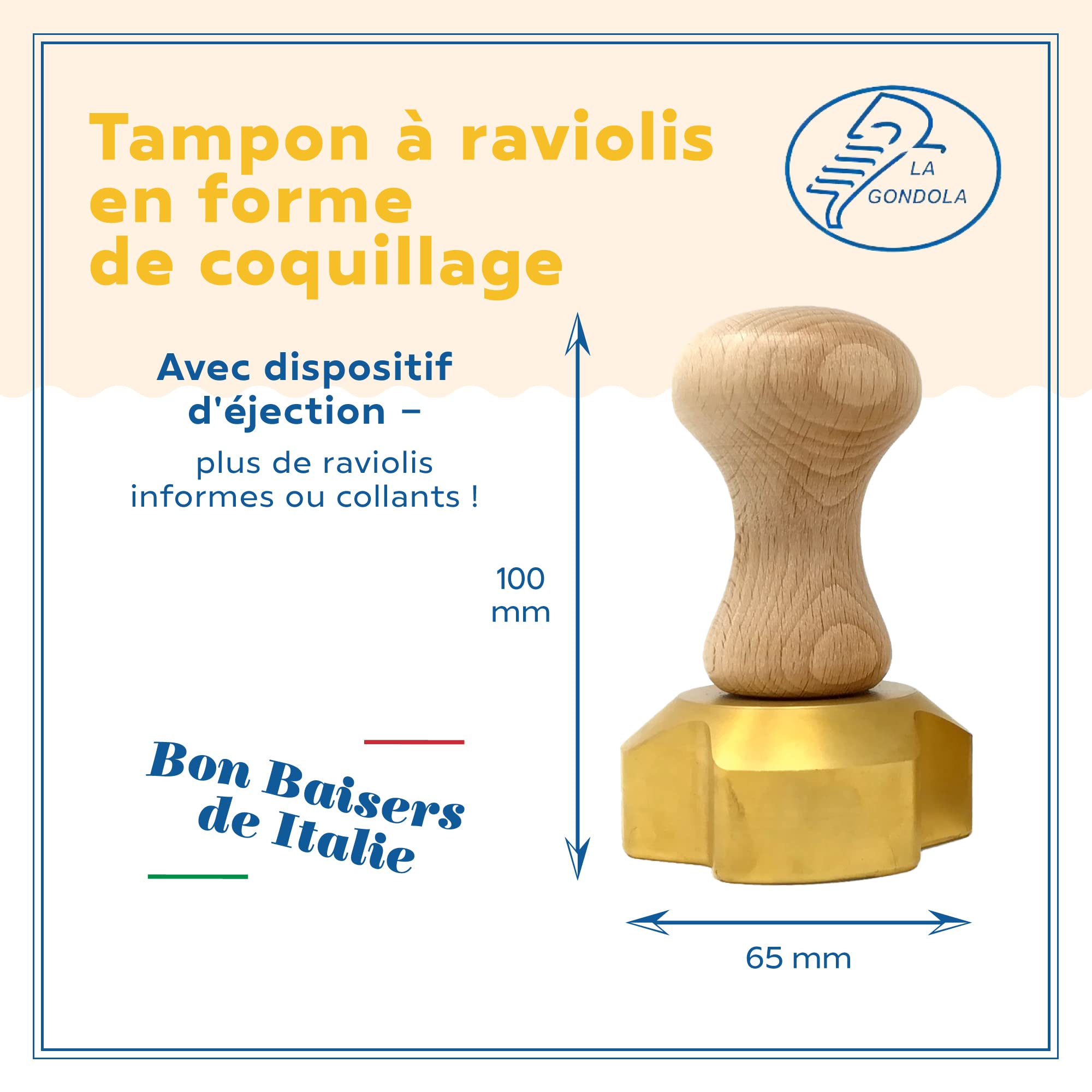 La Gondola Timbre à Ravioli - Forme Coquillage 65mm | Outil de Préparation des Fait Maison Pâtes | Laiton & Bois Naturel | Robuste & Facile à Utiliser | Tampon à Raviolis Fabriqué en Italie