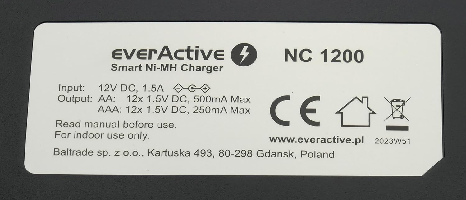 Bottom of Everactive NC-1200 charger showing input/output specifications and manufacturer details