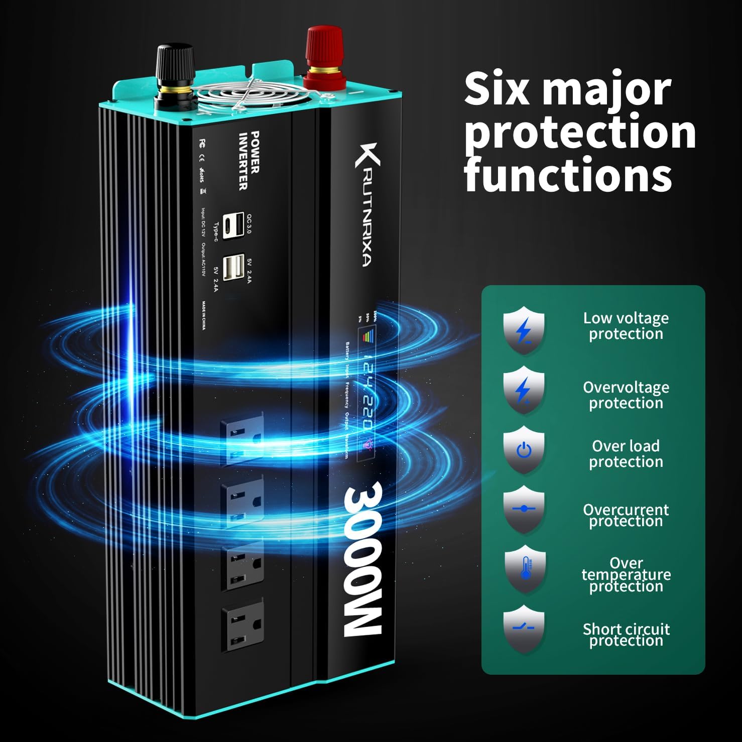 3000W Power Inverters Peak 6000w 12V DC to 110V AC Converter for Vehicles with 3X AC outlets ，2X USB 2.4A Charging Ports Car Charger Adapter a Cigarette Lighter Ports Plug Outlet