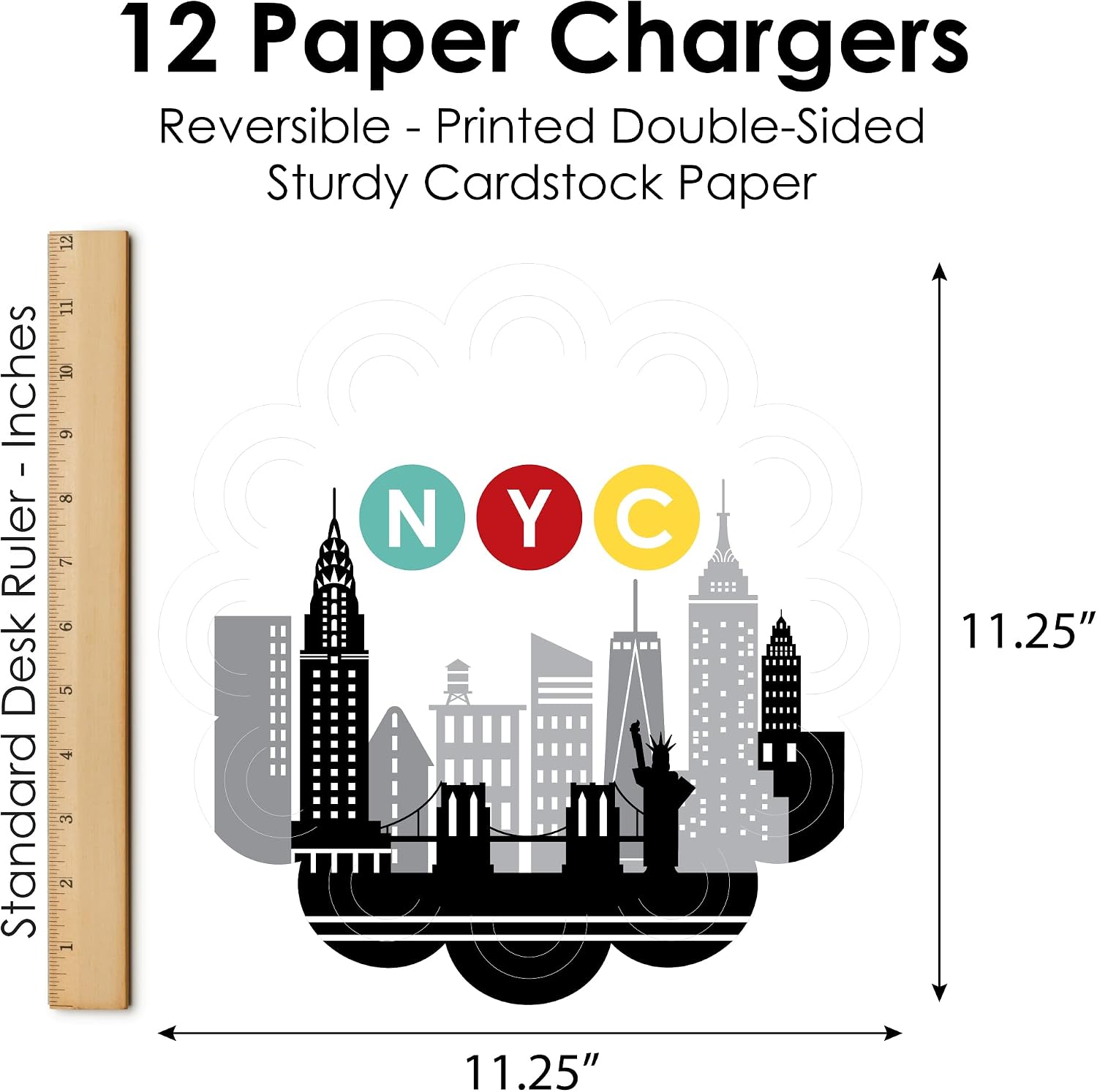 Big Dot of Happiness NYC Cityscape - New York City Party Round Table Decorations - Paper Chargers - Place Setting For 12