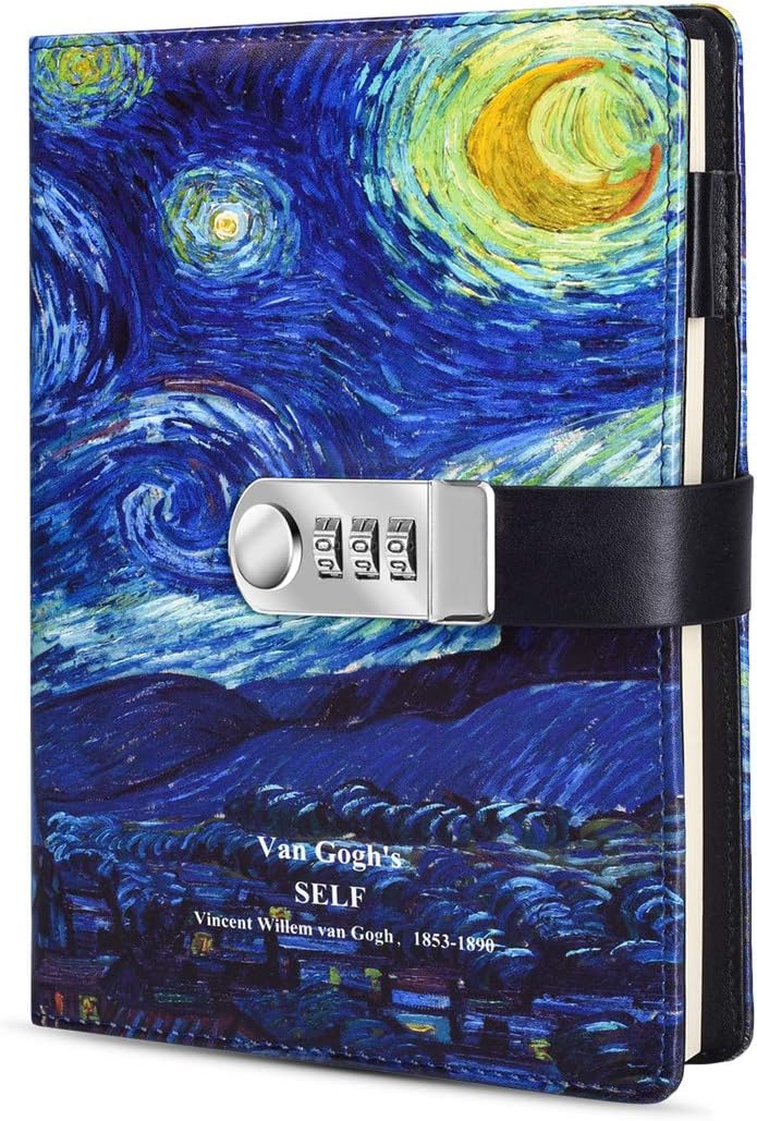 Diario estrellado con cerradura, diario A5 de piel sintética con cerradura de combinación, cuaderno de contraseña digital con bloqueo de combinación