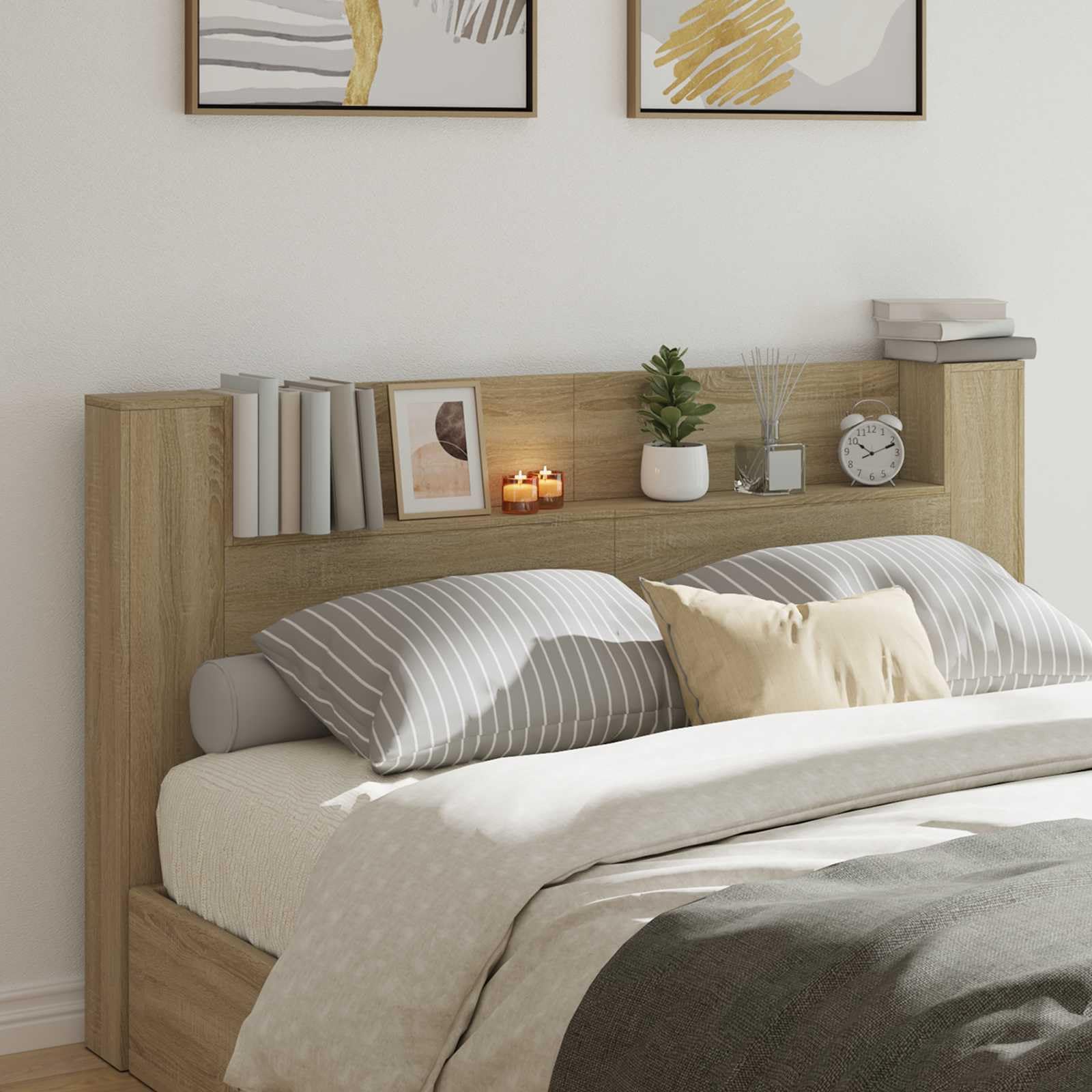 Cabecero de Cama de 180 cm, Camas con Mesitas y Luces, Cabezal con Contenedor, Cabecero Cama con Librería, Doble o Individual, Roble Sonoma
