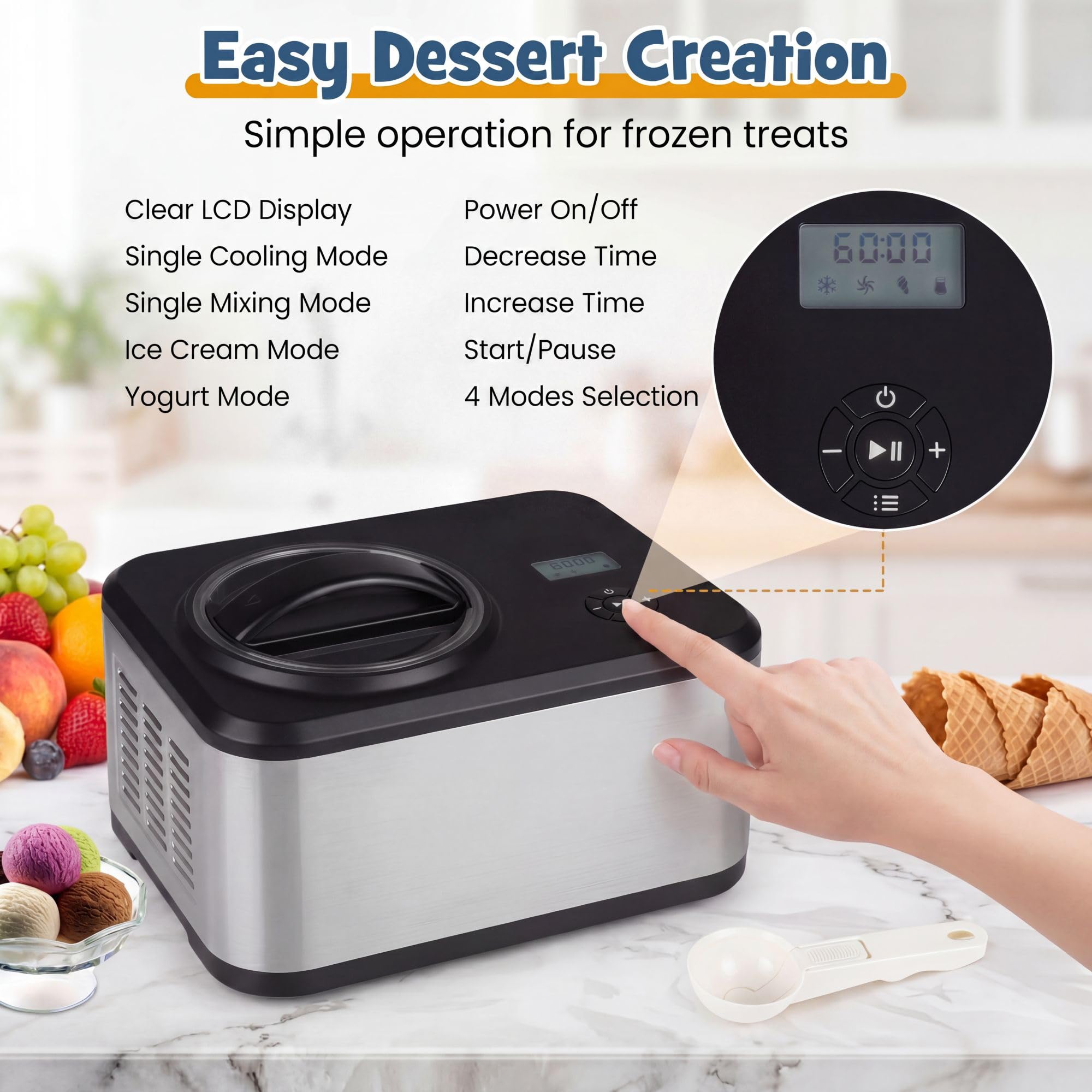 LIFEZEAL Gelatiera Autorefrigerante 1,5 L con Compressore, 120W Macchina per Gelato 4 Modalità, per Frozen Yogurt e Gelato, Display LED, Timer 24H, Cestello Rimovibile e Misurino, Acciaio Inox, Nero